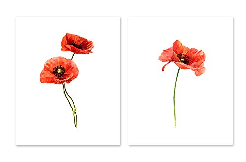 Atozstudio A33 Red Poppies Flower Wall Art Decor Prints - Set Of 2 Pictures - Poppy Cute Botanical Nature Plant Home Posters - Watercolor Painting Artwork (8X10) #TOP2