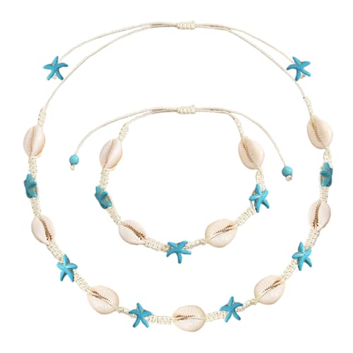 Wnddle 2 Stück Muschel Halskette Armband Set, Muschelkette und Muschelarmband, Damen Natural Shell Choker Halsketten Armband Schmuck Set Boho Muschelkette, Natural Shell Choker Halskette