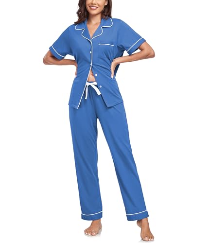 Image of CF Womens 100% Cotton Pajamas Set Button Down Pjs Sets Short Sleeve Top & Long Pants Sleepwear Comfy Loungewear with Pockets