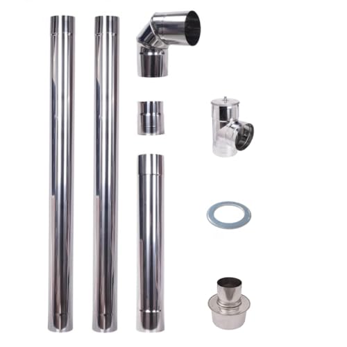 Pellet Stove Exhaust Pipe Set 80mm INOX 304 Stainless Steel 1m Straight Chimney Liner 90°Elbow Tee Cleaning Plug Coupling Connector Rosette Increaser 80-130mm Heat-Resistant Single Wall Chrome-Nickel