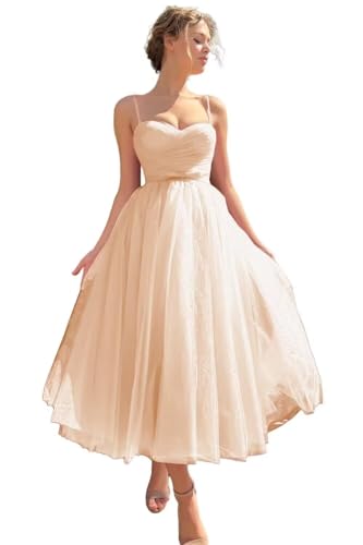 Image of A line Ruched Tulle Prom Dress Spaghetti Straps for Women, Tea Length Sweetheart Homecoming Dress Cocktail Dress