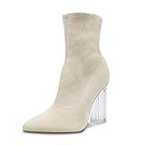getmorebeauty Women's Ankle Boots Knit Sock Booties Clear High Heel Pointed Toe Slip On Stretch Booties for Autumn Winter（US6.5,BEIGE）