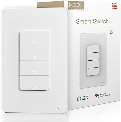 MOES Smart 4 Gang Light Switches, 2.4GHz Wi-Fi Single Pole Switch, Netural Wire Required, Inteligente Switch Combo Compatible with Alexa Google Assistant, Remote Control