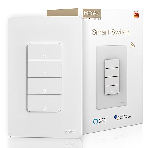 MOES Smart 4 Gang Light Switches, 2.4GHz Wi-Fi Single Pole Switch, Netural Wire Required, Inteligente Switch Combo Compatible with Alexa Google Assistant, Remote Control White 4 Gang