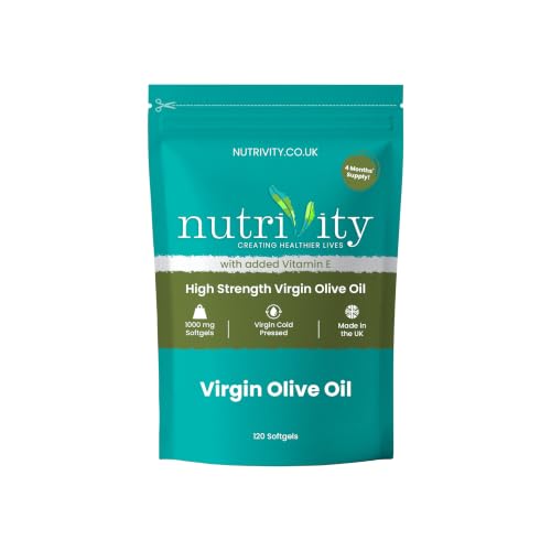 Virgin Olive Oil High Strength 1000mg Softgels | With Vitamin E | Omega 3 6 9 Antioxidant Support | Heart Health & Daily Wellness | 4 Month Supply | Halal | Gluten Dairy Free | UK Made GMP | Nutrivity