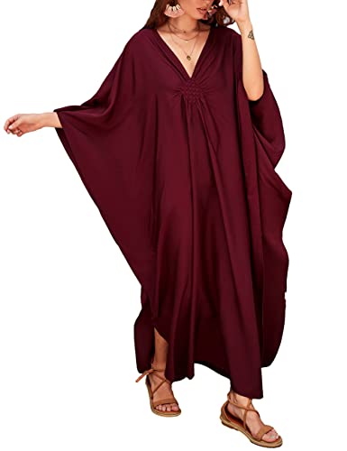 Eddoyee Womens Plus Size Bathing Suit Cover Ups Batwing Sleeve Beach Kaftans Dresses Loose Vacation Robe Jujube Red #TOP8
