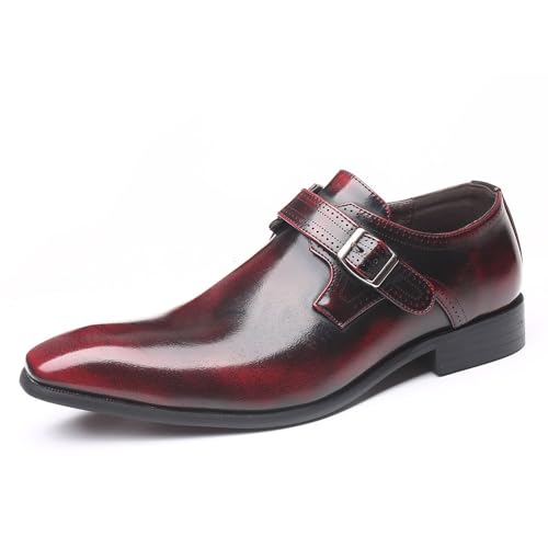 Men's Pointed Toe Men's Leather Shoes Buckle Low Heel Single-Layer Shoes Large Size Men's(Burgundy,39) - Main Image