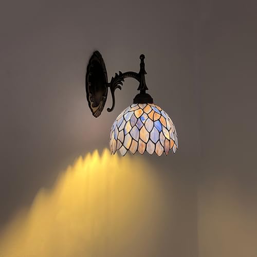 Image of Tiffany Wall Sconce Hand-Weld Stained Glass Bedside Lamp with Classic 8 Inches Wisteria Blue Purple Lampshade for Bedroom Hallway Living Room Home Office
