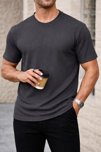 Image of Mack Jonney Men's Striped Ribbed Black Half Sleeve T-Shirt | Premium Soft Stretch Fabric | Casual Wear Round Neck Tee-M6358