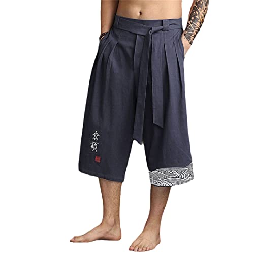 Kimono japonés pantalones tradicionales hombres ropa asiática pantalones de baño estilo japonés casual suelto masculino Yukata lino recortado pantalones azul XL peso 65-75KG