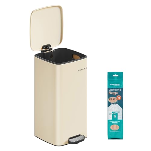 SONGMICS Kitchen Bin 8-Gallon (30 L) Trash Bin Stainless Steel Pedal Bin with Inner Bucket Soft Close and Stays Open Sand Beige LTB593A02