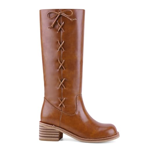 Image of UBWDU Women's Knee High Boots Chunky Block Heel Long Boots Square Toe Low Heel Boots for Women