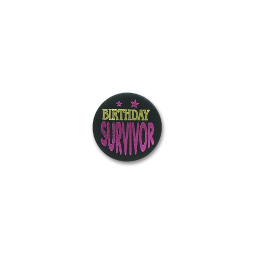 Badge Beistle Birthday Survivor satin bouton anniversaire accessoire fête adulte