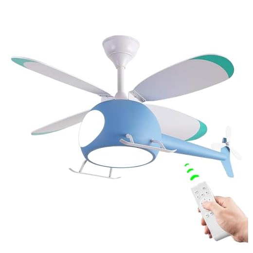 OUSAITE Children's Bedroom Ceiling Fan with lights,Remote control speed,Dimmable Kids Room Cartoon Ceiling Fan Lamp,Helicopter Model&Teddy Bear Model Options Blue