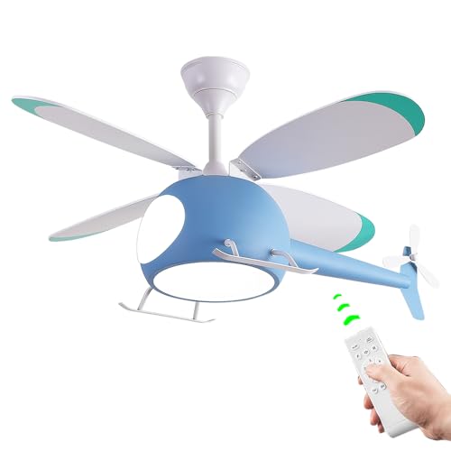 OUSAITE Children's Bedroom Ceiling Fan with lights,Remote control speed,Dimmable Kids Room Cartoon Ceiling Fan Lamp,Helicopter Model&Teddy Bear Model Options Blue