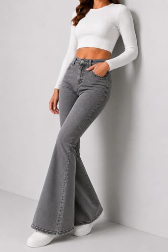 Image of Women's High Waist Bell Bottom Jeans | Flared Wide Leg Stretchable Denim Pants | Stylish Casual, Party & Everyday Wear | Denim Pant Suits | Bootcut Fit Design