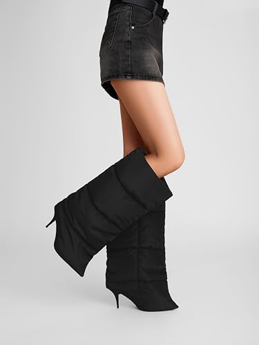 Knee High Stiletto Heel Boots for Women Fold Over Pointed Toe Extra Wide-Calf Pull On Boot Riding Slouchy Long Boots Straight Leg Stylish Fall Shoes3