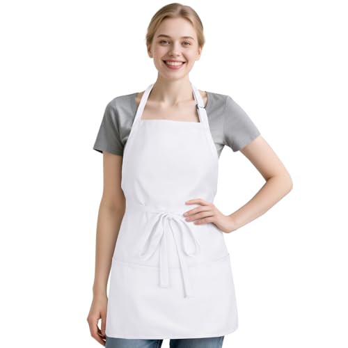 NLUS Kitchen Cooking Apron with 3 Pockets Adjustable Bib Apron Chef Aprons for Women Men White