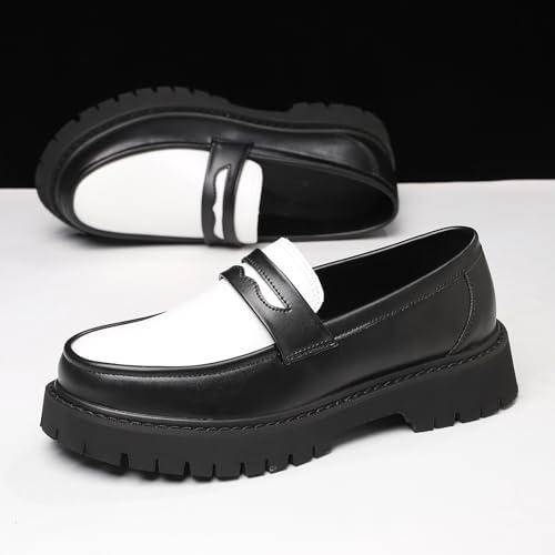 Image of Men's Leather Platform Chunky Slip-On Penny Loafers Classic Round Toe Lug Sole Business Casual Formal Work Shoes