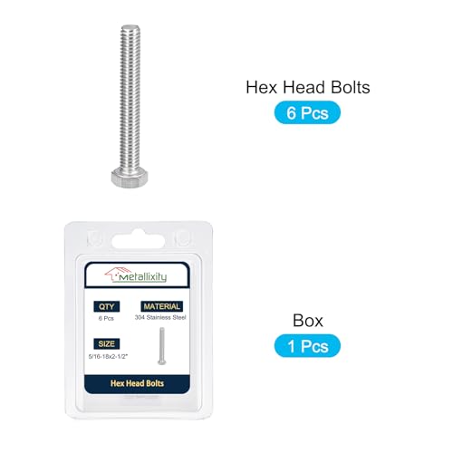 Image of METALLIXITY Hex Head Bolts (5 /16-18 x 2-1 /2 inch) 6Pcs, 304 Stainless Steel 18-8, Fully Threaded, External Hex Drive, Plain Finish, Hex Head Screw Bolt, Silver