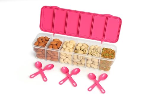 Image of TASTIC Multipurpose 6-in-1 Masala Box for Kitchen| Airtight BPA-Free Plastic 6 Section Storage Container with 6 Spoons, 1800 ml Transparent Pickle Box for Spices| Pack Of 1 PISTA (PINK)