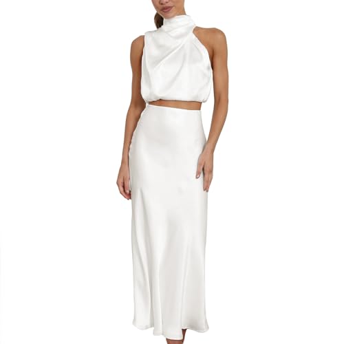 ODIZLI Womens Sets 2 Piece Satin Outfits Summer Sleeveless Mock Neck Crop Tops + Long Skirt Dress Evening Party Sets