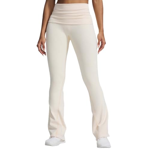 Women's High Waist Flared Yoga Pants Butterluxe Ribbed Stretchy Bootcut Leggings for Running Fitness and (Beige, M)