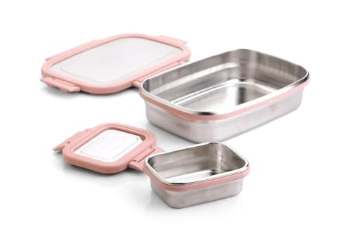 Image of Stainless Steel Lunch Box Set 1200ml (1000ml + 200ml), Leak-Proof Rectangular Tiffin Box with Mini Container, Food-Grade Lunch Box for Kids, School, Office & Travel (Pink)