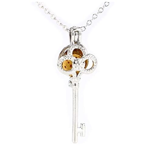 Sier Skeleton Key Aromatherapy Perfume Essential Oil Diffuser Necklace Locket with Lava Stone (Yellow) Cover