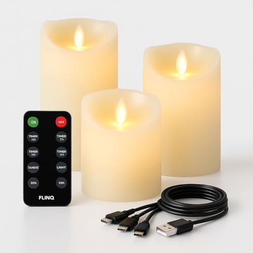 FLINQ Candela LED Ricaricabile – Fiamma Oscillante Effetto Reale – Telecomando con Timer e Dimmer – Vera Paraffina – Set 3 Candele Decorative USB per Cena e Atmosfera
