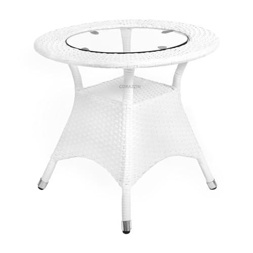 Image of Rattan Wicker Garden Patio Seating Chair and Table Set for Outdoor Balcony Garden Coffee Table Set Furniture with 1 Table and 2 Chair with Blue Cushion (White)