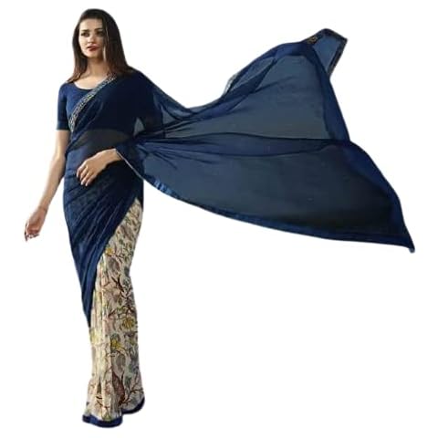 Ethnic Closet Georgette Blue Sare Floral Pattern Indian Georgette Sari Fabric Bollywood Blouse Cover