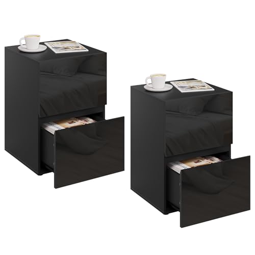{Mesitas de Noche Modernas Negras Mesitas de Noche Vintage EUGAD 2X Mesita de Noche con 2 Cajones Brillantes, Mesilla de Noche con Gran Espacio de Almacenamiento, 40x40x58 cm, Muebles...