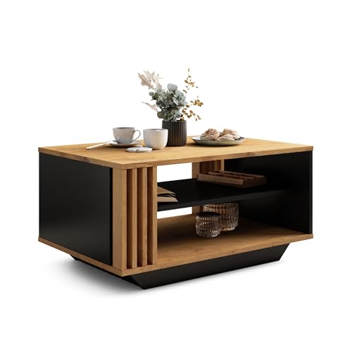 Viosimc Table Basse Moderne avec Lattes Décoratives en Bois et Étagère, Élégante Table Rectangulaire pour Salon – Chêne Lancelot & Noir