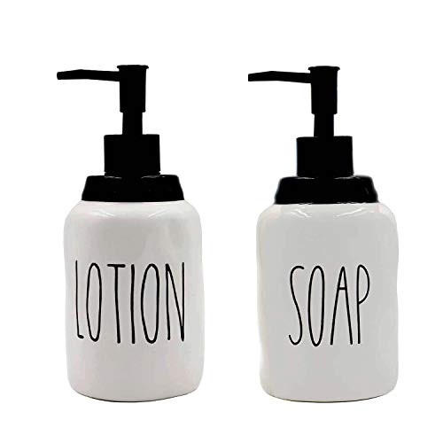 2 Pack Ceramics Lotion and Soap Dispenser Set for Kitchen and Bathroom, Modern Farmhouse, Perfect for Counter Décor, Refillable Liquid Hand Soap Dispenser (Lotion + SOAP)
