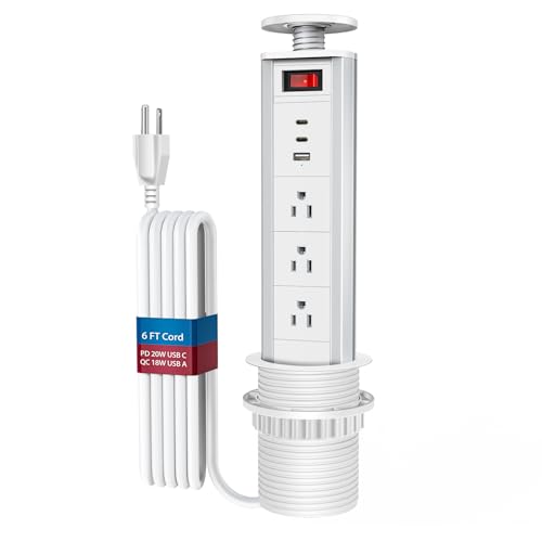 BTU Pop Up Outlet for Countertop with Fast Charging USB Ports, Retractable Recessed Outlet with 3 AC Outlet, 2 USB C Ports, 1 USB A Port for Kitchen Island Countertop Desk Recessed Power Outlet