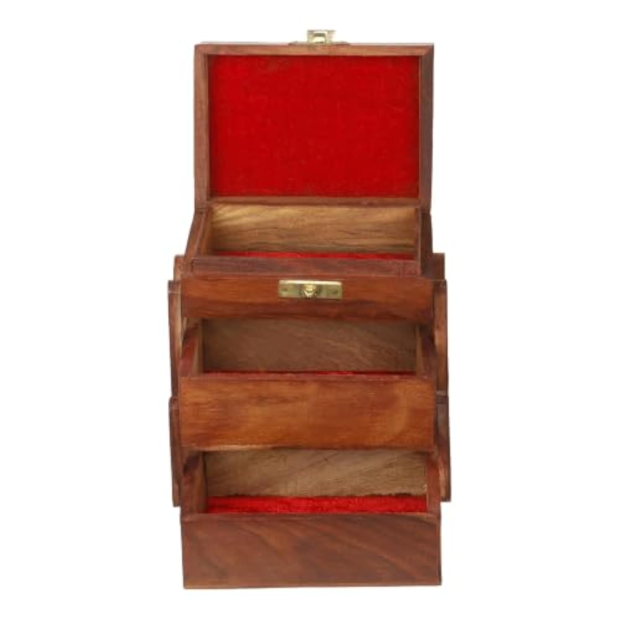 Handcrafted Wooden Multi-Tier Jewellery Organizer Box with Brass Latch