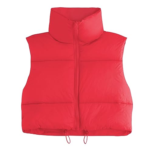 Century Star Red Puffer Vest Women Cropped Puffer Vest Women's Outerwear Vests Puffy Sleeveless 2024 Quilted Vest Top Jacket Coat Fall Winter Gilet Sleeveless Zip Girls Puffer Vest Small