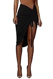 PRIMODA Women's Asymmetrical Bodycon Drawstring Ruched Midi Skirt with Thigh High Slit(Black L)