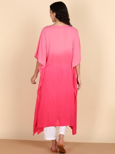 Image of Maaesa Women Pink Handcrafted Tie & Dye Rayon Crepe Kaftan Dress | Casual Wear | Flowy Kaftan Style | Lightweight & Breathable Fabric