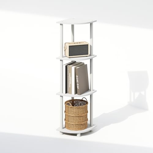 Image of Furinno Turn-N-Tube Corner Shelf, 4-Tier Corner Bookshelf, White | Display Storage Shelves with Open Shelves, for Organization and Storage, Living Room, Home Office, Garage,