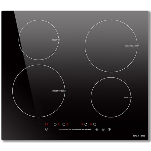 NOXTON Induktionskochfeld 60 cm Einbau mit Booster, Autarkes Induktionsfeld 4 Platten mit Schieberegler, 9 Heizstufen, Timer, Kindersicherung, Automatische Abschaltung, 220-240V, 7000W, Keine Stecker