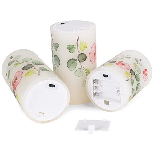 Image of Elanze Designs Floral Pink and Green 6 inch Wax LED Flameless Pillar Candles Set of 3