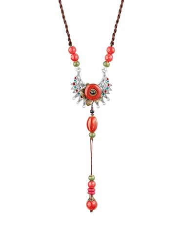 MINACHI Bohemian Flower Colorful Red Ceramic Beads Ethnic Flower Charm Pendant Y Necklace, Vintage Bohemian Summer Jewelry Gift for Women
