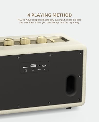 Image of MLOVE A200 Portable Retro Bluetooth Speaker with Aux Input, USB Port, Micro SD Card Slot - Decorative Wireless Bookshelf Speakers for Home & Office, Battery Powered, White and Gold