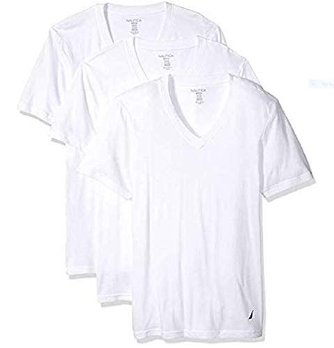 Nautica Mens 3-Pack Cotton V-Neck T-Shirt, Adult, White, M #TOP9