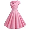 Women 1950s Audrey Hepburn Tea Dress Vintage Rockabilly Dress A Line Swing Cocktail Party Dress Plain Short Sleeve Retro Dresses Swing Flowy Pleated Dance Gown Pink #1