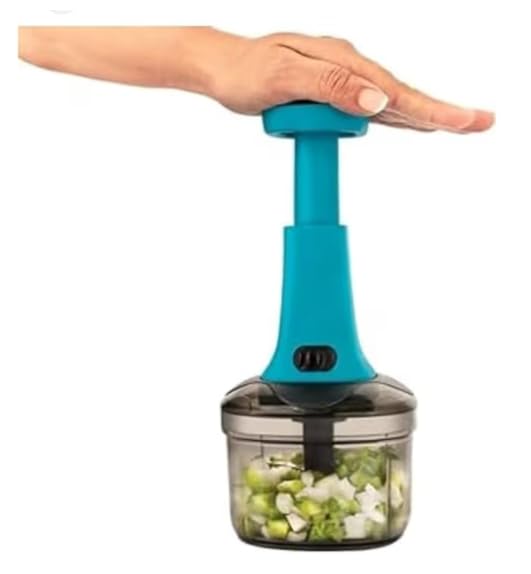 Image of Hand Push Vegetable Chopper | Manual Food Chopper with Stainless Steel Blades | Onion Cutter, Garlic Cutter, Chilli Cutter | M (Blue, M)