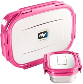 Veigo Jumbo Insulated [New Launch] Pink Stainless Steel Lunch Box with Small Veg Box | Unbreakable Lid| Leakproof| Airtight| Easy to Open (950+180ML) Kids Office School Picnic & Travelling
