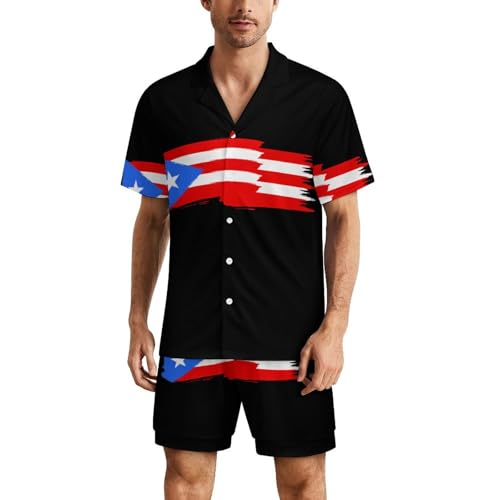 DZUAIKIT Flag of Puerto Rico Mens Short Sleeve Pajama Set Satin Silk Sleepwear 2 Piece Pjs Loungewear